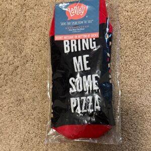 Black and Red 'Bring Me Some Pizza' Socks with secret message I. Bottom.